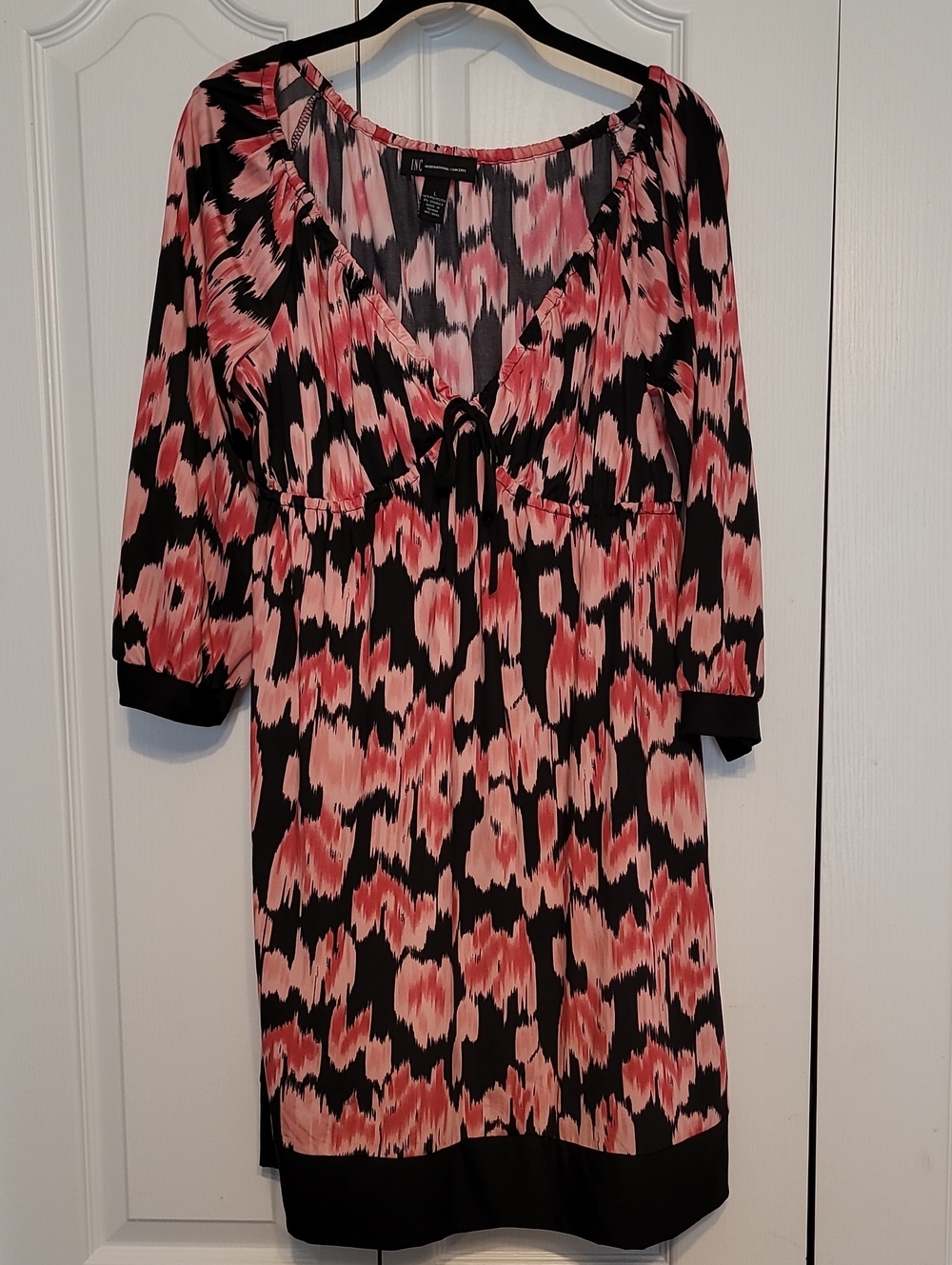 INC International Concepts Black and Pink Abstract Tie-Front Midi Dress